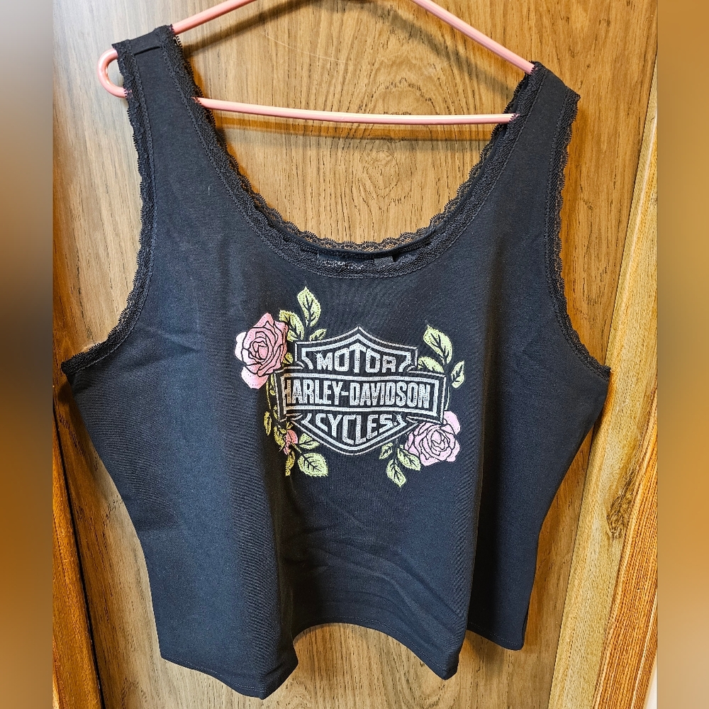 Harley-Davidson Black Tank Top with Pink Floral Accents